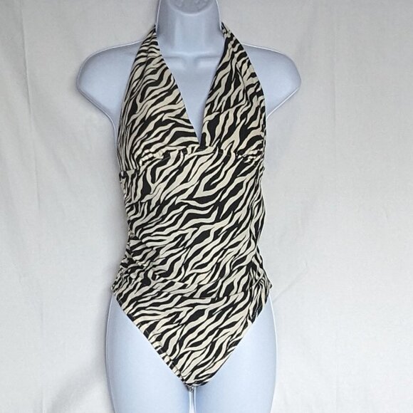 Deep V-neck ruched one-piece swimsuit zebra print medium EUC Old Navy - Picture 6 of 7